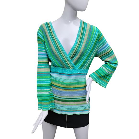 Sigrid Olsen Fine Knit Tunic Top Size Large Long Sleeve Stripes Green Faux Wrap - Picture 3 of 6